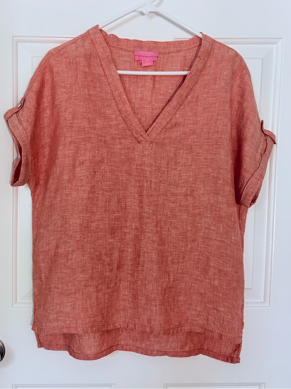 Isaac Mizrahi New York 100% Linen V-Neck Top Size M Rust Coral